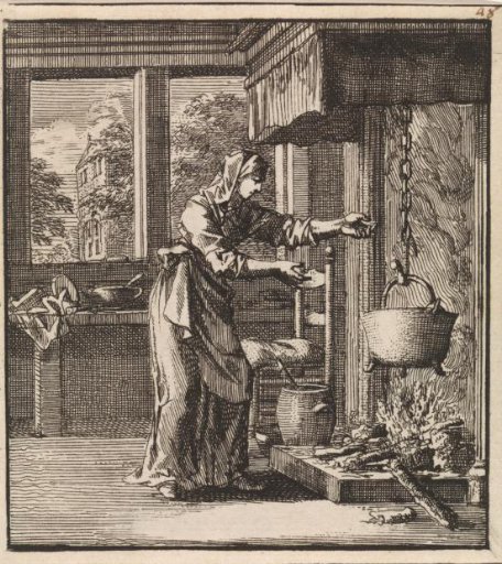 Woman reaching for the chain of a cooking pot hanging too high over the fire