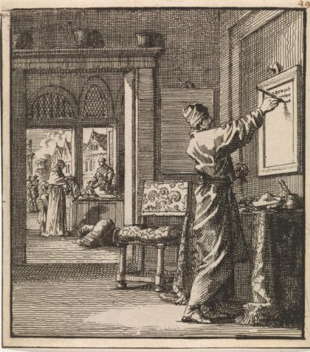 Man writing from right to left on a slate on the wall