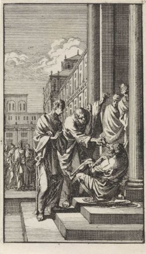 Peter and John heal a paralyzed man at the temple gate