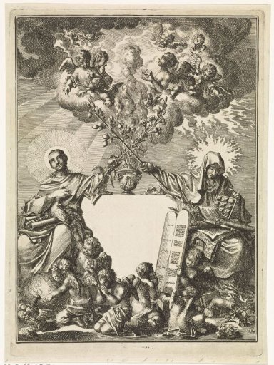 Personifications of the Old Covenant and the Gospel Cross the Flowering Rod of Aaron Together