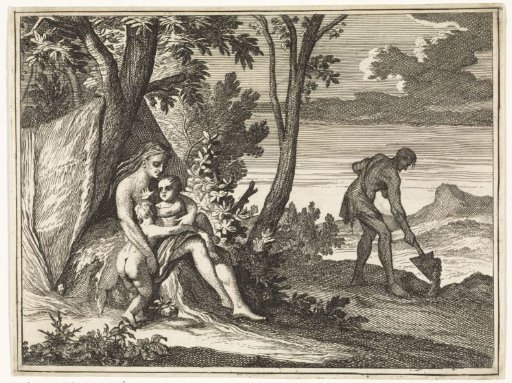 Eve with Her Children, While Adam Ploughs the Ground Outside the Earthly Paradise