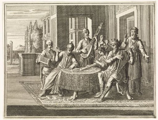 David Sits at a Table and Plays the Harp