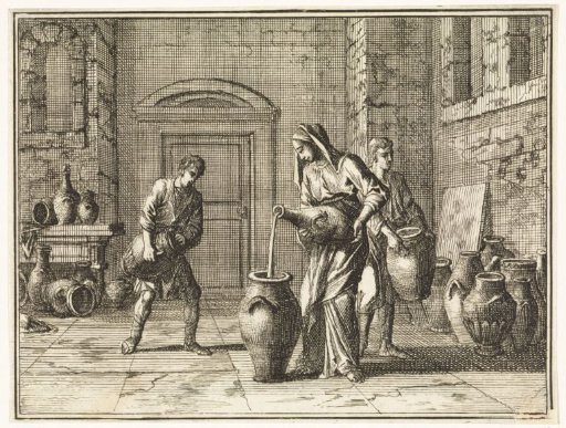 At Elisha's advice, the widow fills borrowed vessels with oil