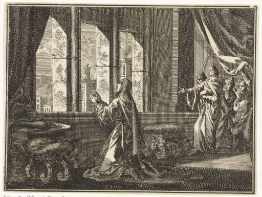 Daniel kneeling in prayer before a window is spied upon