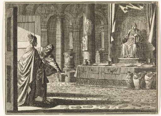 Daniel shows Cyrus the footprints on the floor of the temple of Bel