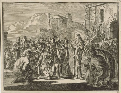 Christ heals a possessed man in the presence of the Pharisees and scribes