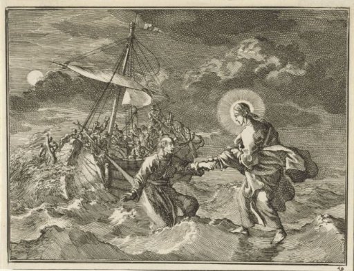 Peter walks on the water towards Christ