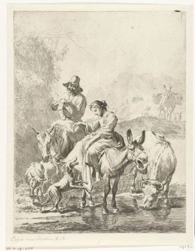 Shepherdess on a donkey and shepherd on horseback fording a brook