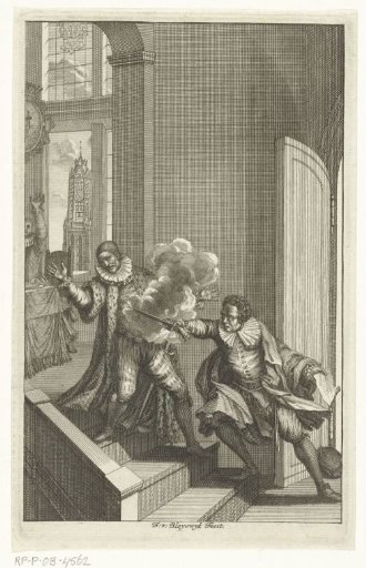 Balthasar Gerards kills Willem I Prince of Orange with pistol shots on the stairs of the Prinsenhof in Delft
