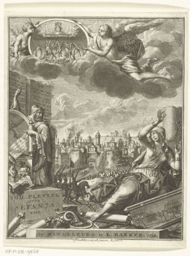Prophet Zephaniah and a chained woman near a view of a city with unbelievers being punished by God