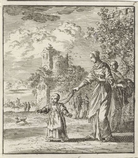 Mother Teaching a Child to Walk on a Leash