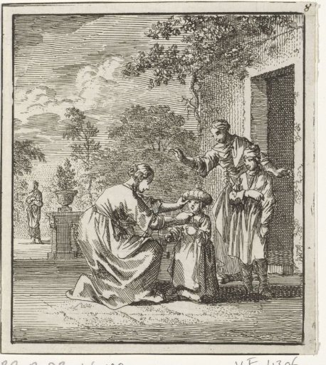 Child Having a Protective Headpiece Put On in the Garden
