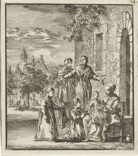 Three girls playing in the street with a doll
