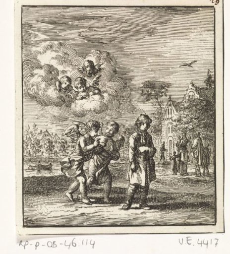 Running child pursued by two little angels