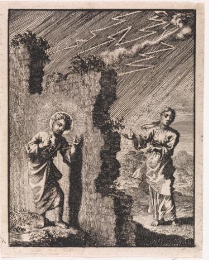 Christ knocks on a wall behind which the Personified Soul stands