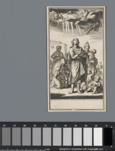Man praying to heaven with cherubs on clouds, behind him praying women