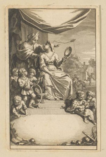 Title page with a woman holding a mirror and playing children at her feet