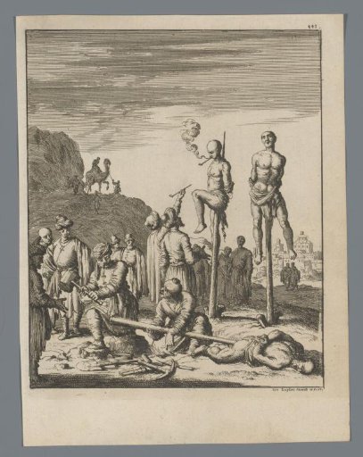 Men set upon stakes