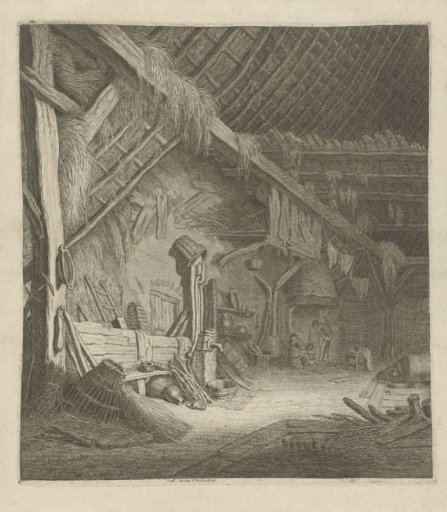 Interior of a farmhouse with farmer and farmer's wife