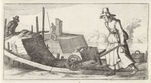 Woman in work clothes, with a wheelbarrow