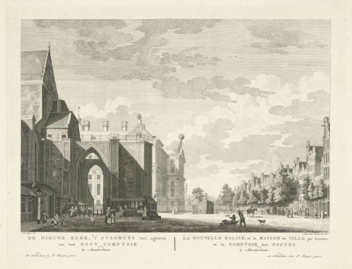 View of the Nieuwezijds Voorburgwal with the back of the Nieuwe Kerk and the Town Hall on the Dam