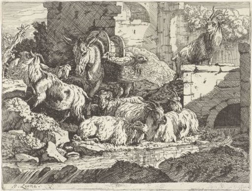 Flock of animals before a ruin