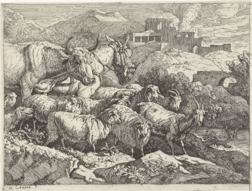 Flock of animals near ruins