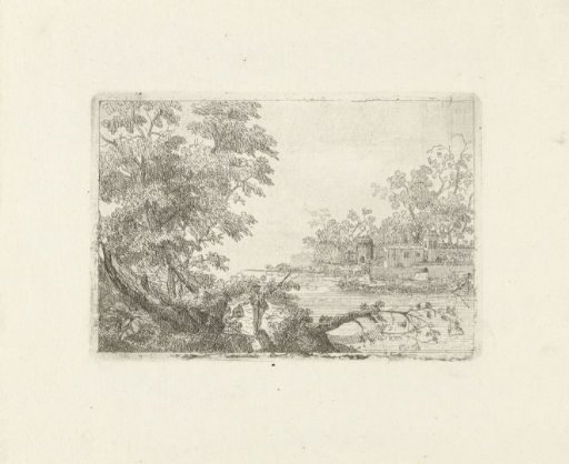 River landscape with two figures on the bank