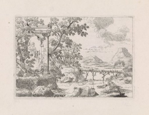 River landscape with a wooden bridge