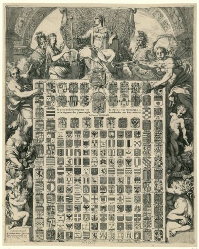 Family coats of arms of Prince William III in an allegorical frame