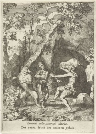 Jester dances with bear and satyr