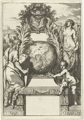 Globe flanked by allegorical figures