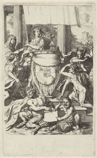 Coat of arms of the Geelvinck family surrounded by allegorical figures