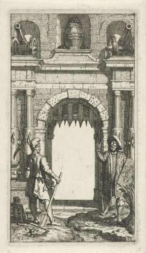 Two figures before a gate