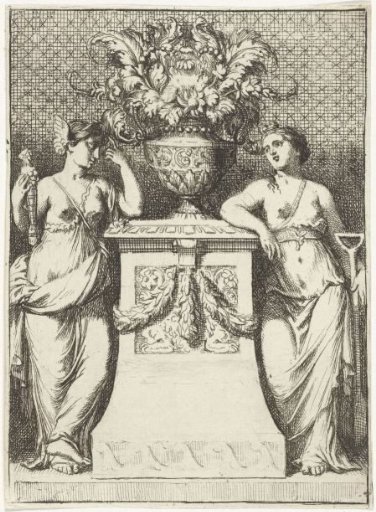 Flower vase flanked by two allegorical figures