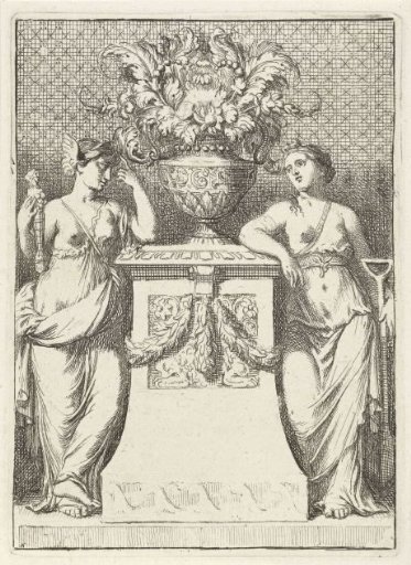 Flower vase flanked by two allegorical figures