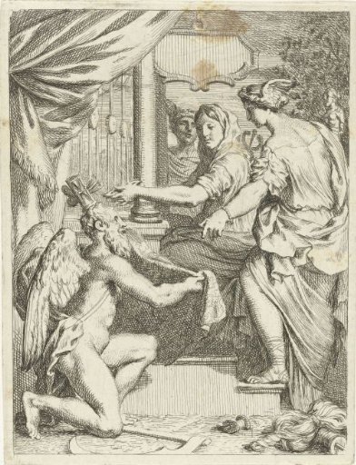Time kneels before a woman at a loom
