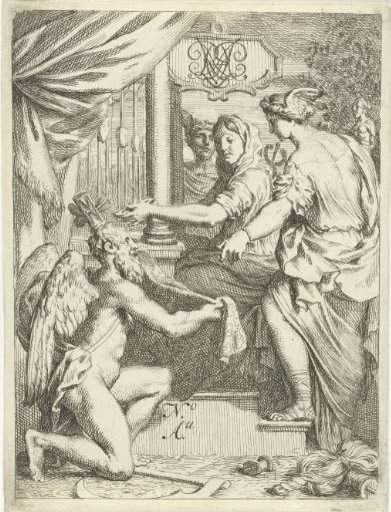 Time kneels before a woman at a loom