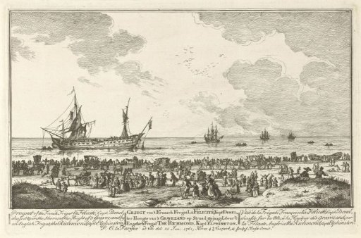French frigate La Félicité chased by an English frigate onto the beach, 1761