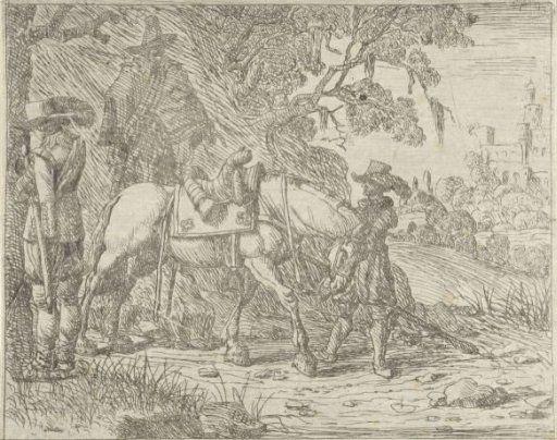Saddled horse with soldiers
