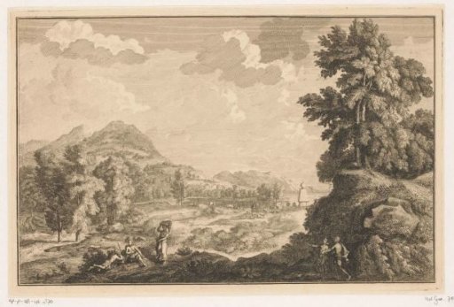 Arcadian river landscape with shepherds and a woman with a washbasket