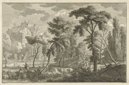 Arcadian river landscape with bathing men