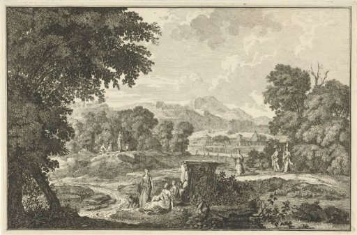 Arcadian landscape with six women at a tomb