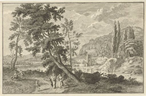 Landscape with walking figures along a river