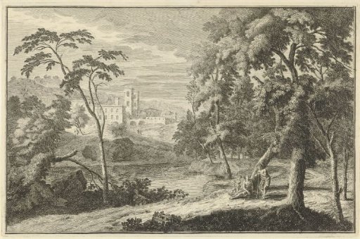Arcadian river landscape with a man, woman and child on the bank