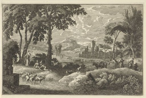 Arcadian river landscape with figures and a herd of animals