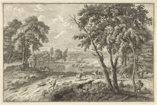 Arcadian river landscape with a hunt for deer