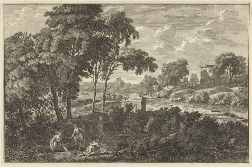 Arcadian river landscape with figures drawing water