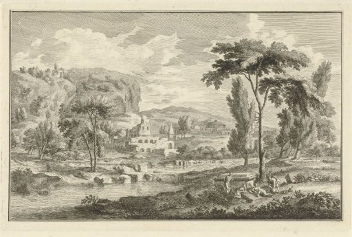 Arcadian river landscape with four figures on the bank