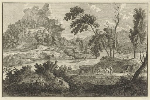 Arcadian river landscape with two donkeys
